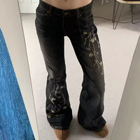Pantalon droit vintage pour femme, broderie de fleurs, lavage à l'eau, jean skinny