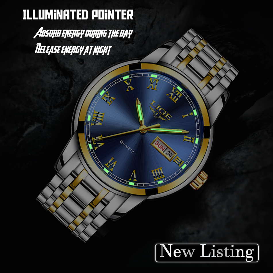 LIGE — montre-bracelet de luxe en acier inoxydable pour homme, étanche, en acier inoxydable, à Quartz, avec Date et heure, horloge