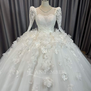 Lscm96 Elegant Ivory Princess Bridal Gown Illusion Long Sleeve Lace Corset <b>Wedding</b> Dress 3D Flower Applique Jancember - Product Image 2