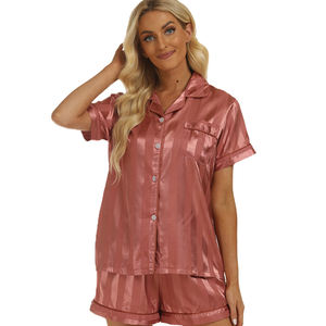 Ensemble de pyjama d'été pour femmes en satin à imprimé rayé respirant, haut à manches courtes et short à taille élastique, ensemble de vêtements de maison en 2 pièces - Product Image 6