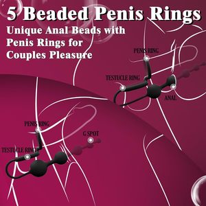 アナルビーズ付きバットプラグ、ペニスリング付き、男女兼用、柔軟なシリコン製前立腺マッサージ器、段階的なデザインのアナルプラグ - Product Image 5