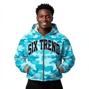 Sudadera con capucha y cremallera Six Trend para hombre, azul, con estampado de dibujos animados, corte holgado, estilo urbano, tejida, 100% algodón, transpirable, para invierno, con bolsillo frontal con logo. - Product Image 1