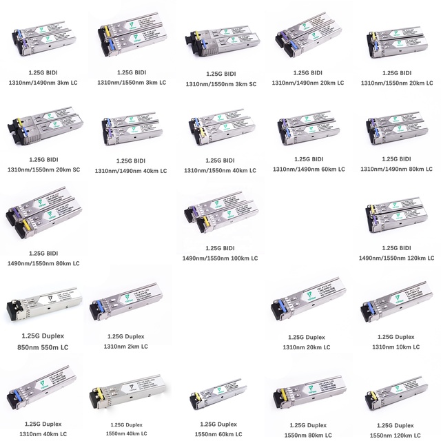 SFP 1.25G 550m 3km 10km 20km 40km 80km 120km 160km 200km BIDI Duplex MM SM LC SC DDM 1000Base SFP Module Network Transceivers