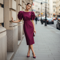 ZYHT 50159 Nouvelle Robe Midi Décontractée à Manches Courtes Bouffantes d'Été, Robe de Soirée Satin Violette Élégante Droite pour Femme