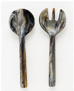 Ensemble de service à salade en résine gris-brun, cuillère et fourchette faites à la main, texture tourbillonnée, ustensiles de cuisine artistiques pour la table - Product Image 2