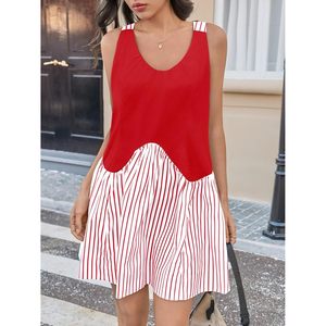 Womens Sleeveless Mini Dress Red Striped <b>Patchwork</b> A Line Casual Summer Dress with Pockets - Product Image 3