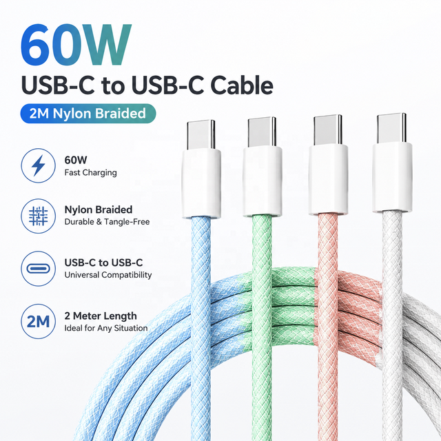 2M Nylon Braided 60W PD Fast Charge USB Type C to Type C Cable Durable Tangle Free Charging Data Cord for Tablet Smartphones
