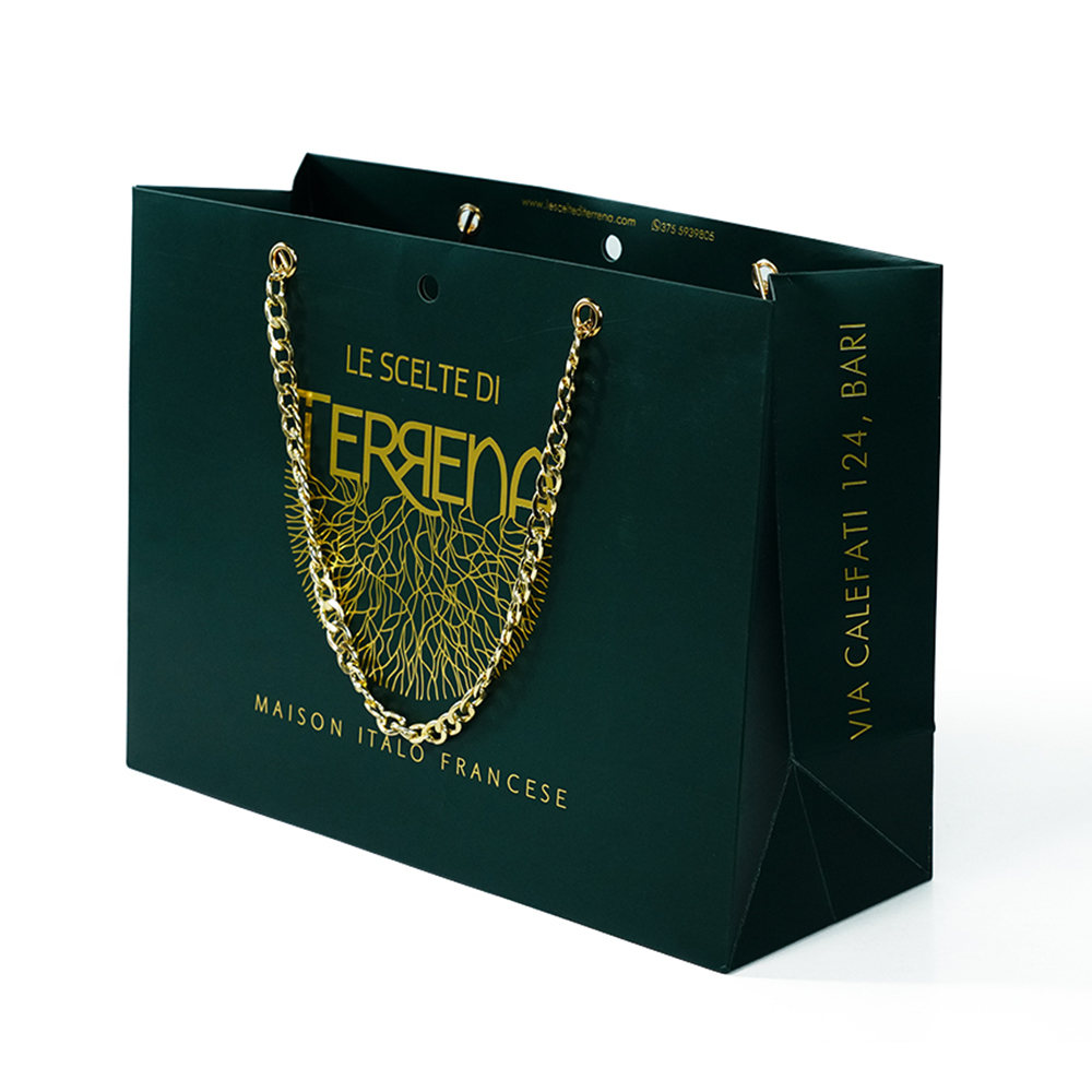 Custom Gold Foil Logo Gift Bags Jewelry Clothes Packaging Paper Bag With Chain Handle Sacs En Papier