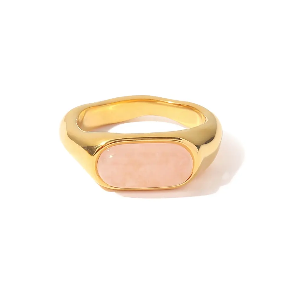 Dainty Geometric High Polished Pink Quartz Irregular Shape 18K Gold Plated Stainless Steel Ring