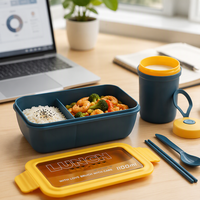 Boîte à lunch bento en plastique compatible micro-ondes, étanche, 2 compartiments, rectangulaire, avec couverts, pour étudiants et bureau