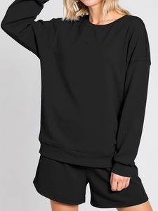 Conjunto de 2 piezas de sudadera y pantalones cortos de punto para mujer, cuello redondo, manga larga, color negro liso, corte holgado, ropa informal para todas las estaciones - Product Image 2