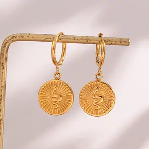 Personality Carved Snake Jewelry Stainless Steel Earrings Creative Gold Coin Dangle Earrings for Women Girls