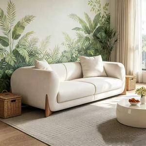 Sofá Moderno de 3 Plazas en Cuero Sintético PU Blanco con Patas de Madera, Brazos Curvos y Respaldo Ajustado, Tapizado para Sala de Estar - Product Image 4