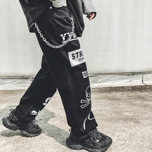 Phong Cách Đường Phố Trong Châu Âu Và Mỹ Phổ Biến Hộp Sọ In Ấn Thương Hiệu Mens Hip Hop Jeans Đen Rộng Chân <span class=keywords><strong>Loose</strong></span> Jeans - Product Image 4