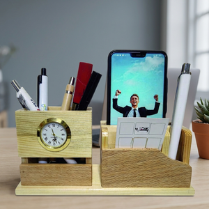 Organizador de escritorio de madera con reloj, soporte para teléfono y portalápices, regalo de oficina multifunción, estilo sencillo - Product Image 5