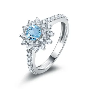 925 Sterling Silver Wedding Ring Flower Shape BB Blue Topaz Sky Blue Topaz Biamond