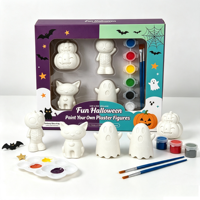 Kit Lukis Plester DIY Halloween untuk Anak-Anak, 4 Buah Figurine dengan Kuas Lukis, Warna Cerah dan Berwarna-warni