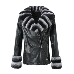 New Arrival Women Genuine Sheepskin Fluffy Chinchilla Fur Leather Jackets with Detachable Sleeve and Rex Rabbit Fur Collar