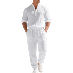 Cross Border autunno americano abito di <span class=keywords><strong>lino</strong></span> largo vacanza casa pendolarismo stile sottile camicia a maniche lunghe Set pantaloni lunghi - Product Image 1