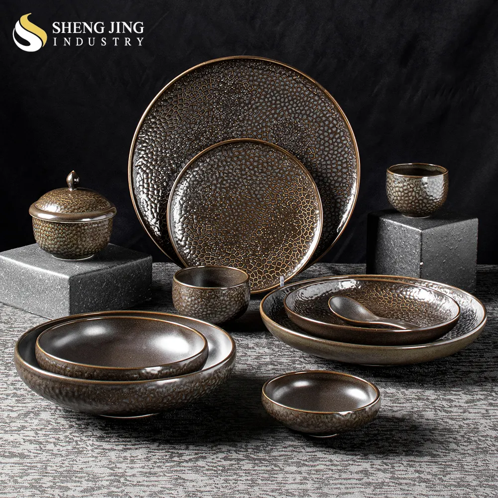 Wholesale Japandi Dark Brown Ceramic Dinnerware Set Rustic Speckle Porcelain Restaurant Tableware Catering Dishes   Plates