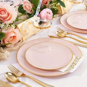 Assiette en plastique jetable à fond blanc <span class=keywords><strong>rose</strong></span> Phnom Penh Design 7.5 pouces et 10.25 pouces pour les fêtes et événements de banquet transfrontaliers - Product Image 4