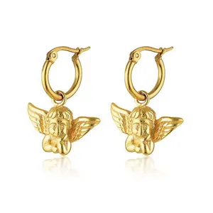 Olivia brincos de anjo, joias de ouro amarelo e aço inoxidável de 18k, brinco de anjo protetor com anjo