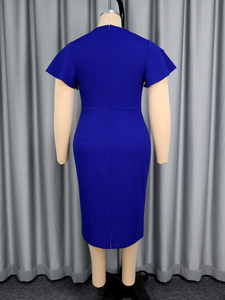 AM050737 Robes d'été décontractées pour femmes, élégantes, col en V, manches courtes, fente, perles, volants, moulantes, bleues, grande <span class=keywords><strong>taille</strong></span> - Product Image 6