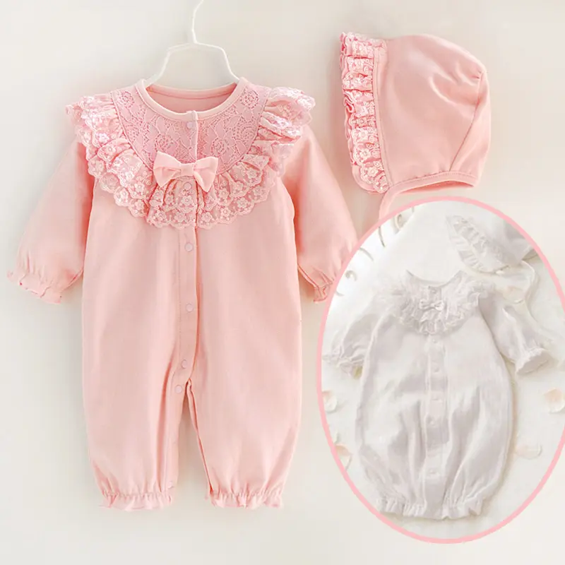 2020 Spring Quality pink lace flower organic toddler baby clothing sets Newborn baby clothes, baby girls' clothes