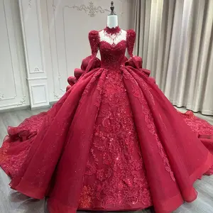 red gown ball gown long train long sleeves with hoop and veil sayabridal