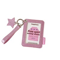 Pelindung Kartu Foto Kulit PU Kpop Korea Ins Glitter Stars 3 Inch, Dompet Kartu Pelajar Warna-warni Keren Manis, Gantungan Kunci
