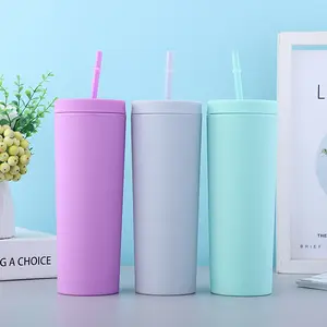 Seaygift Tumbler Plastik Portabel 16Oz, Tumbler Plastik Dinding Ganda, Cangkir Air Olahraga Ramping dengan Tutup dan Sedotan