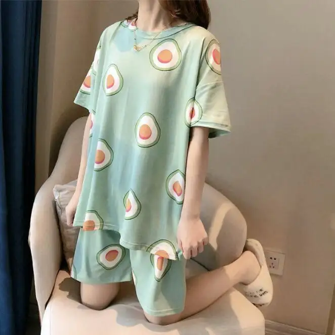 Groothandel Vrouwen Pyjama Set 2021 Zomer Nieuwe Losse Plus Size Zoete Leuke Student Korte Mouwen Shorts Homewear Sets nachtkleding