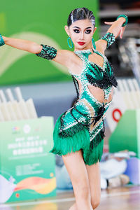 Платье для латиноамериканских танцев Vennystyle, зеленое, с бахромой из страз, для сальсы и румбы, костюм для выступлений, для женщин, для соревнований, из спандекса/хлопка - Product Image 4