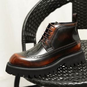 Men's Ankle English-style Leather Engraved Brogue <b>Boots</b> Shiny Thick Soles Height Increasing for Autumn/Winter Business Casual - Product Image 4