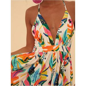 Vestido Maxi Halter con Estampado Botánico Colorido para Mujer, Cuello en V Profundo, Cintura Imperio, Corte en A, Atuendo de Vacaciones, Tejido Transpirable - Product Image 4