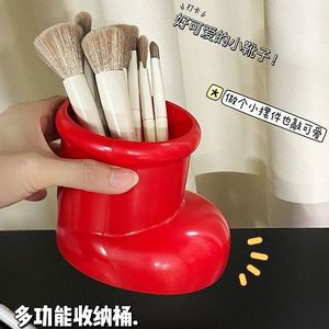 Plastic Makeup Brush Holder Round Cosmetic Storage Organizer For Desk Use Red And White Colors - Product Image 2