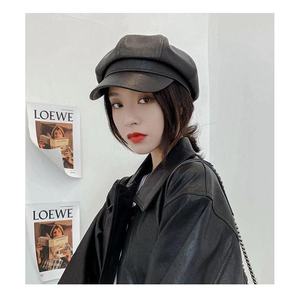 Leather Octagonal Beret For Women Pu Material Autumn <b>Winter</b> <b>Cap</b> Korean Style - Product Image 5