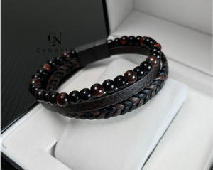Bracelet en cuir véritable tressé pour homme, nouveau bijoux fait à la main, perles en pierre naturelle, vente en gros, - Product Image 4
