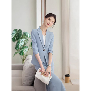 Light Blue Three Quarter Sleeve Blazer And Trousers Set Women's Professional Suit For Commute Anti-Wrinkle Worsted Fabric - Product Image 3