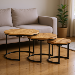 Tables gigognes 3 pièces en bois de manguier massif, table basse ronde, meubles de salon, design rustique moderne - Product Image 2