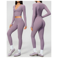 Set Pakaian Olahraga Wanita Logo Kustom, Atasan Crop Top Lengan Panjang Berkerut, Legging Yoga Kontrol Perut Elastis Tinggi, Setelan Fitness Dua Potong