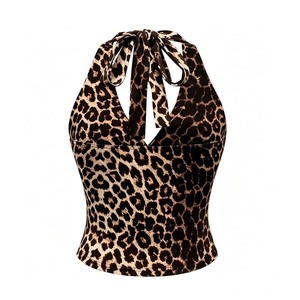 Women <strong>Leopard</strong> <strong>Print</strong> Halter <strong>Cami</strong> <strong>Top</strong> Deep V Wrap Front Ruched Sides Sleeveless Slim Fit Y2K Vintage Tank <strong>Top</strong> - Product Image 4