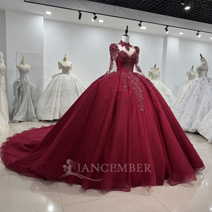 XS198 Hermoso Vestido de Quinceañera con Cuello Alto Ilusorio y Lentejuelas Color Borgoña para Chicas de 15 Años - Product Image 3