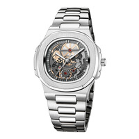 Reloj de Pulsera de Lujo para Hombre, Mecánico Automático, Esqueleto, con Caja Acolchada, Esfera con Diseño Abierto, Índices de Barra y Brazalete Integrado