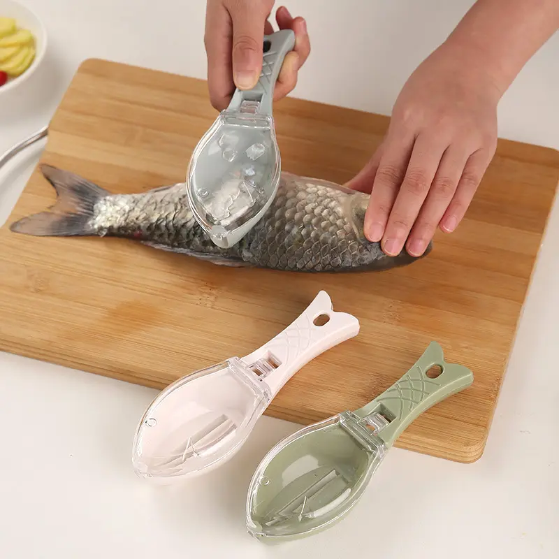 Cepillo de piel de pescado de eliminación rápida con tapa Escamas de pescado de plástico Ralladores Rascador Herramienta de limpieza de cocina fácil