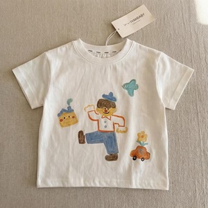 Miyaby Children's Summer Short Sleeve T-Shirt Cartoon Print Cotton Round Neck Top For Boys Green And Off White - Product Image 4