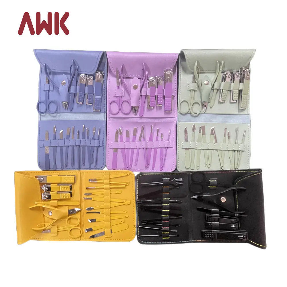 AWK Venda Quente 16 em 1 18 peças Manicure Set Pedicure Set Nail Clipper Kit 12 pcs Com Couro Caso