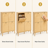 Mueble zapatero de entrada vertical de roble blanco con paneles acanalados únicos, delgado, semicircular y con tapa abatible.