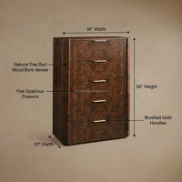 Commode haute à 5 tiroirs en bois de racine d'arbre, coffre de rangement de luxe en bois exotique, artisanal, collection prestigieuse pour suite parentale