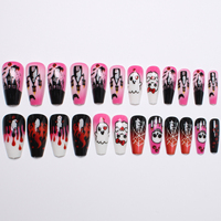 Ongles press-on Y2K rose gothique, longs, forme amande, vernis brillant, design Halloween effrayant avec fantômes, sang coulant et maison hantée, en ABS
